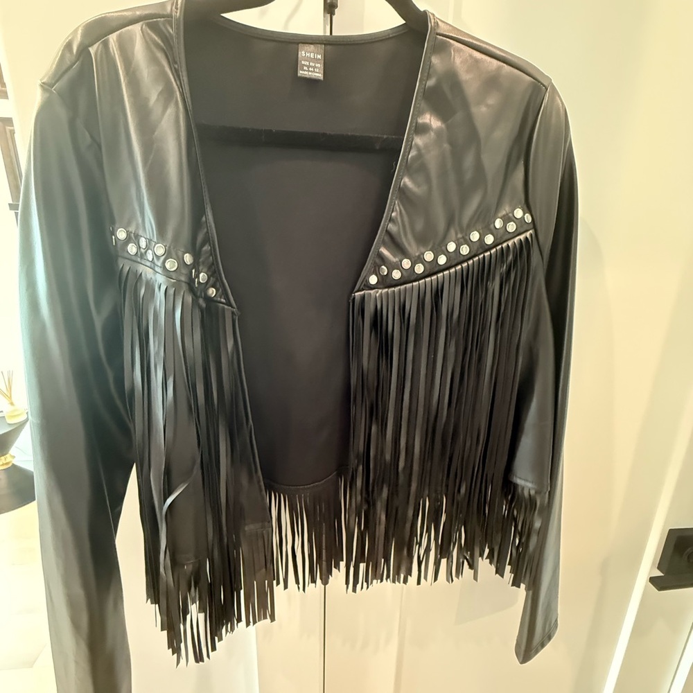 SHEIN Black Faux Leather Jacket with Fringe and Studs